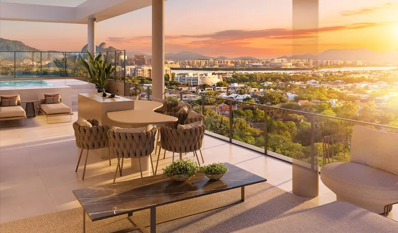 Terraço com piscina e vista da cobertura linear de 3 suítes do Epic Golf Residence