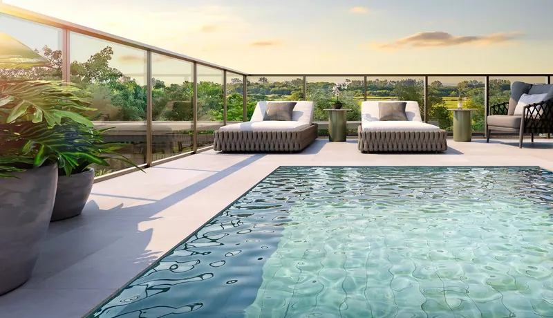 Terraço com piscina de Garden House de 3 suítes do Epic Golf Residence