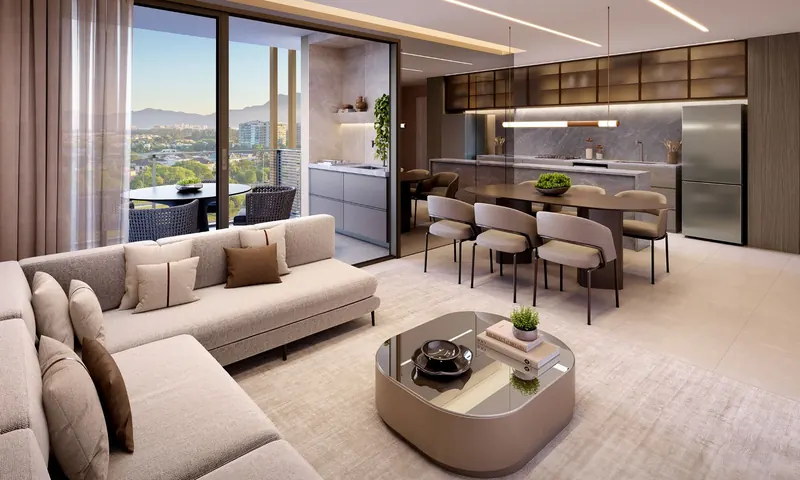 Salas de estar e jantar integradas com varanda em apartamento de 2 suítes do Epic Golf Residence