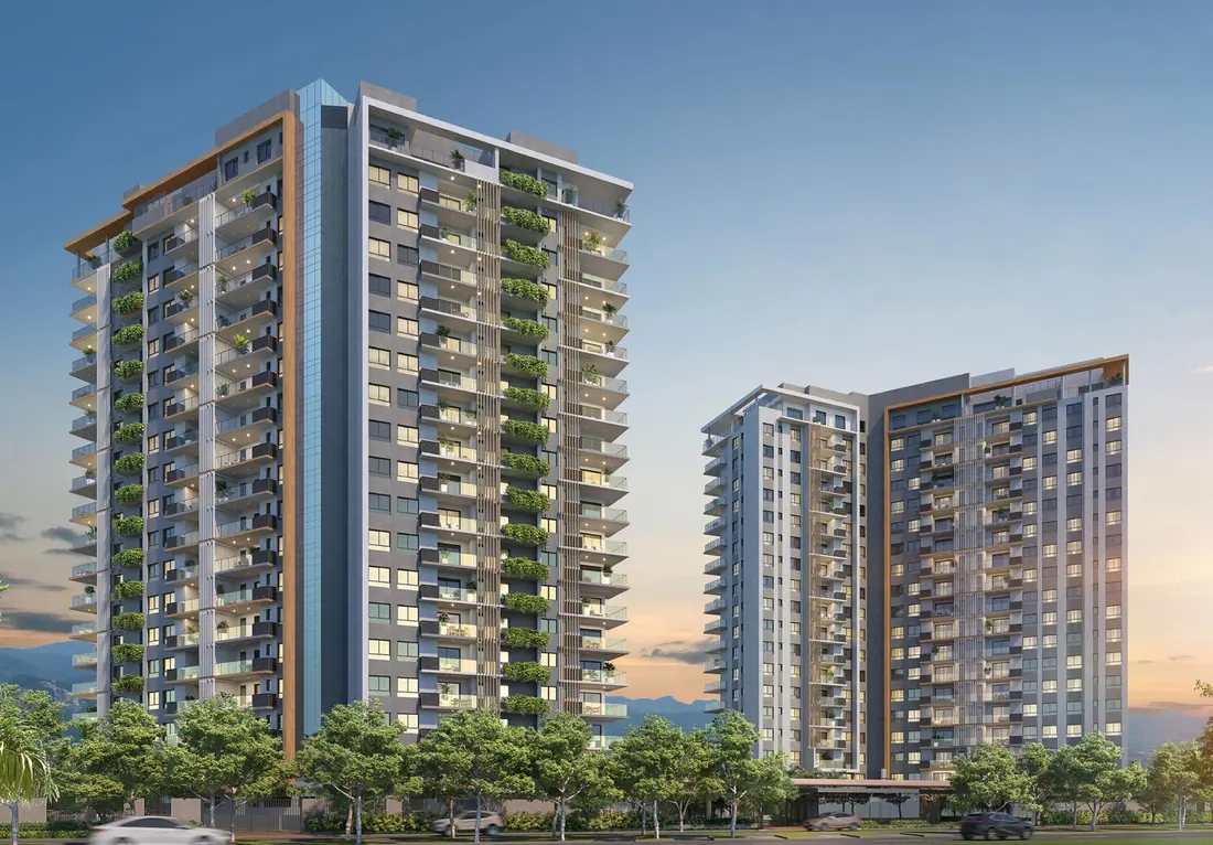 Torres Epic 1.000 e Epic 2.000 do Epic Golf Residence com fachada revestida e jardins nas varandas