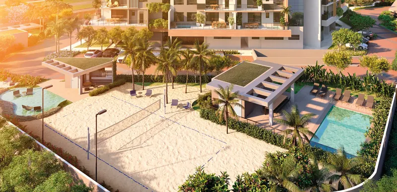 Vista aérea do Epic Beach & Play do Epic Golf Residence, com quadra de areia e Pool Houses
