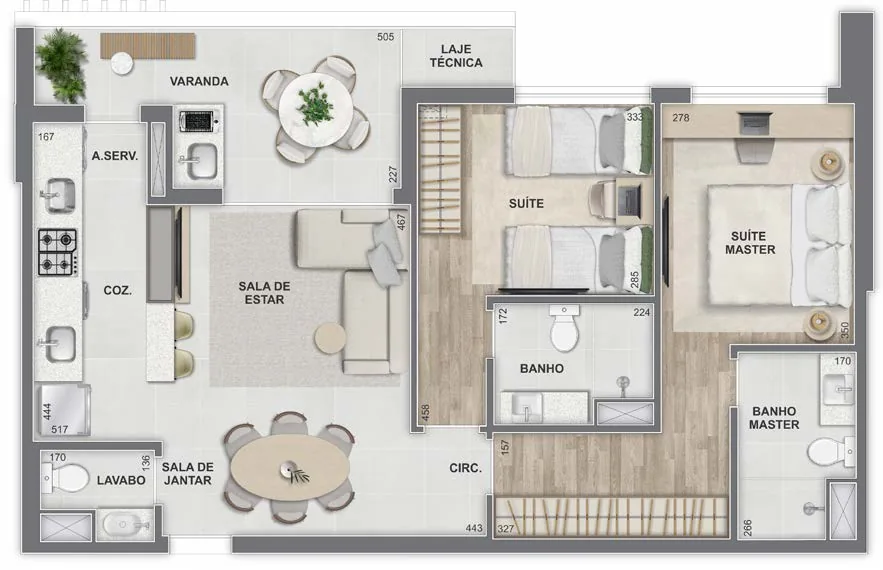 Planta do apartamento de 2 suítes com 77,80 m² do Epic Golf Residence