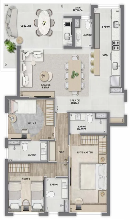 Planta do apartamento de 3 suítes com 114,60 m² do Epic Golf Residence