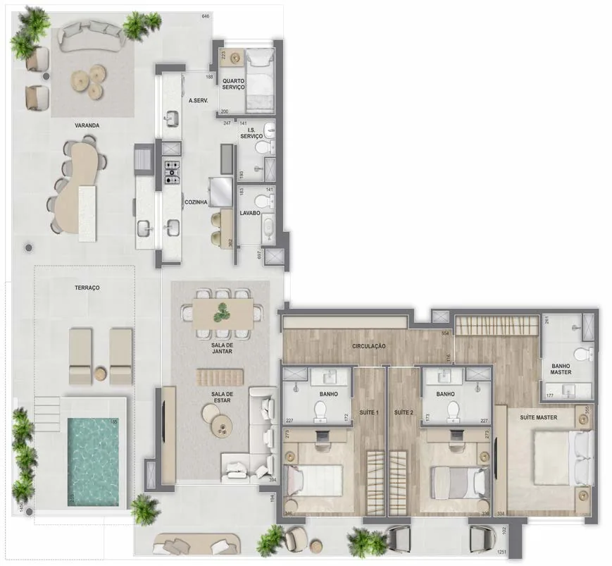 Planta da cobertura linear de 3 suítes com 208,36 m² e piscina do Epic Golf Residence