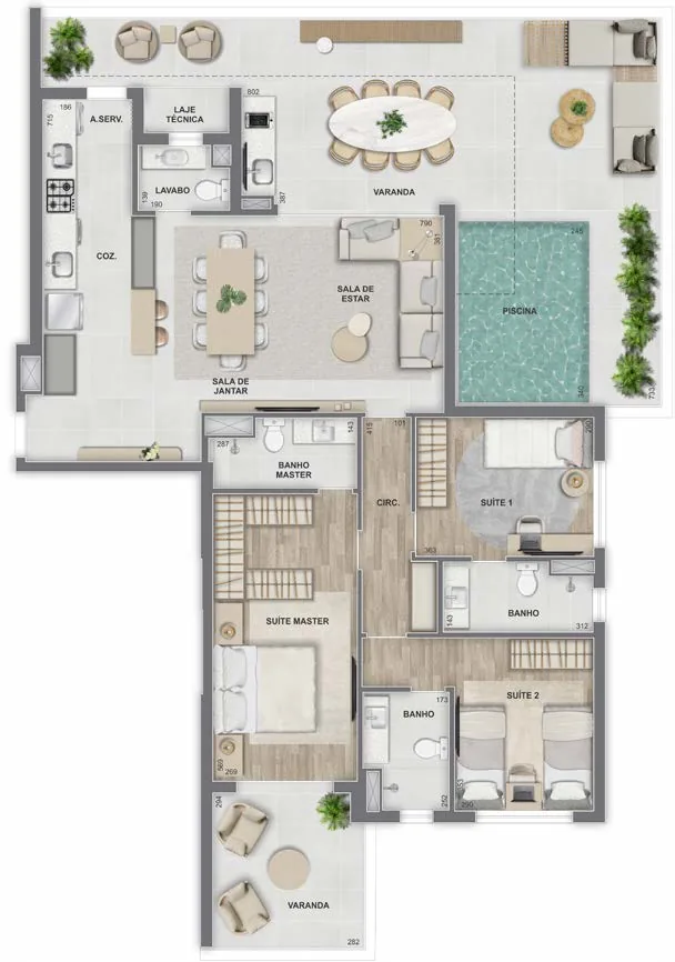 Planta da Garden House de 3 suítes com 162,35 m² e piscina privativa do Epic Golf Residence