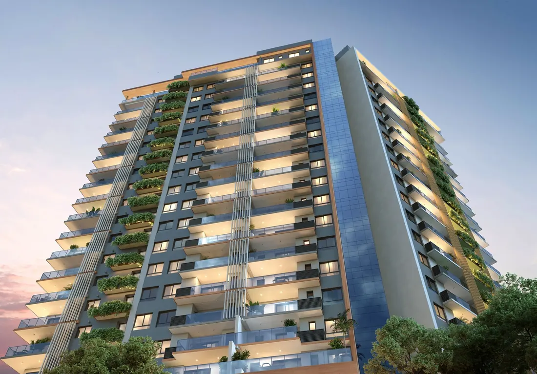 Fachada da torre Epic 2.000 do Epic Golf Residence com jardins verticais nas varandas